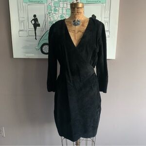 Vintage Black Suede Firenze Santa Barbara Bodycon V Neck Dress, Small